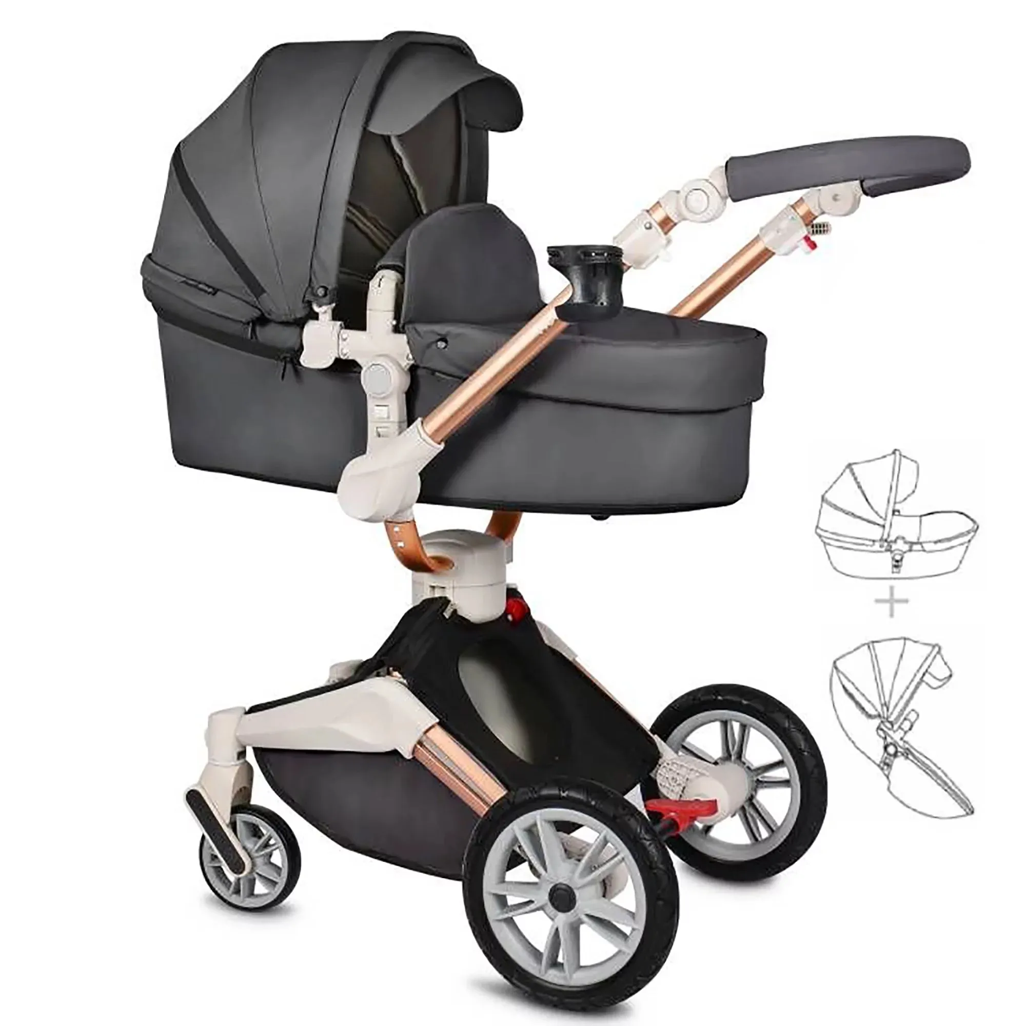 360 Rotate Baby Stroller 2 in 1 ,Reversible Travel System ,Luxury Leather Pram,0-48 Months,Dark Grey