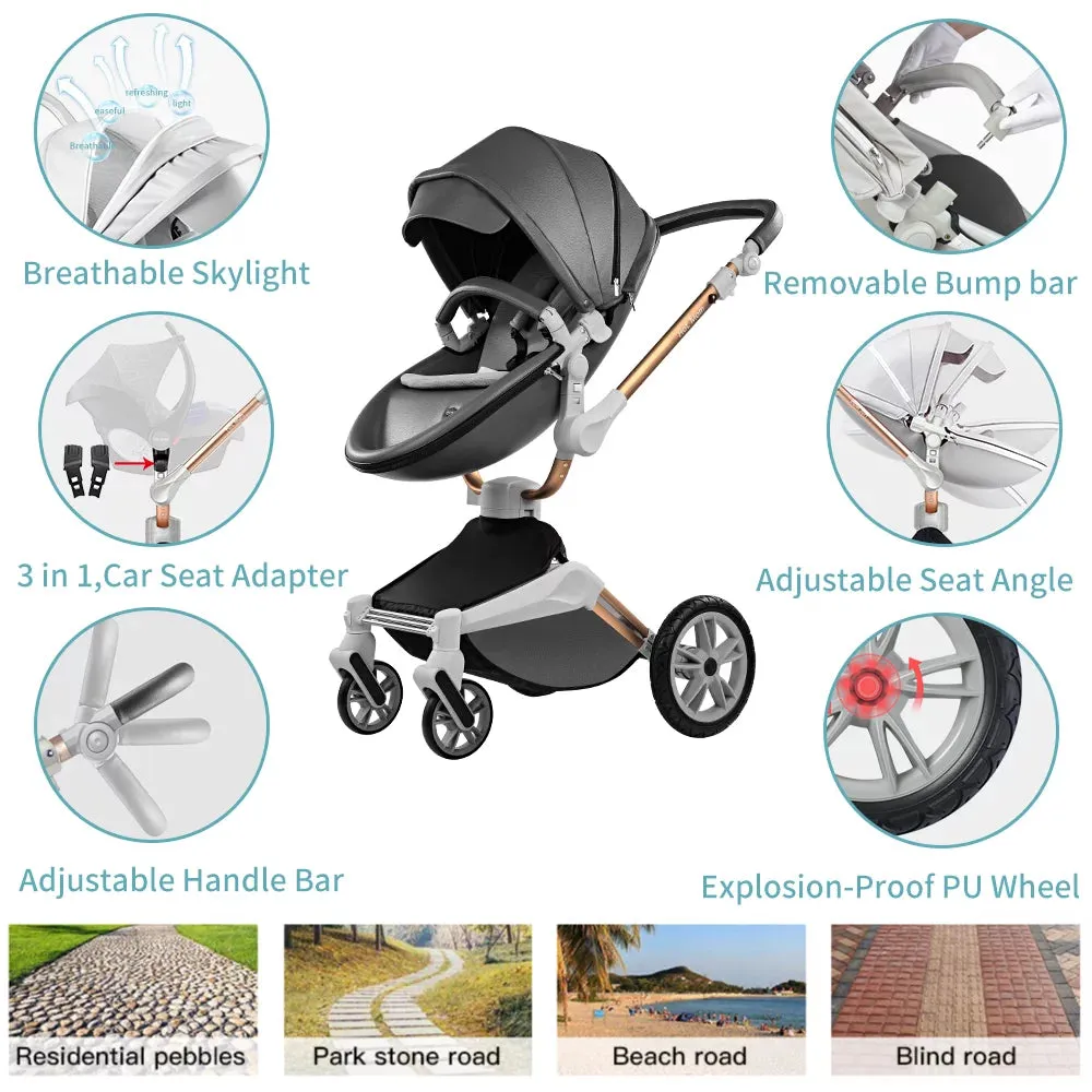 360 Rotate Baby Stroller 2 in 1 ,Reversible Travel System ,Luxury Leather Pram,0-48 Months,Dark Grey