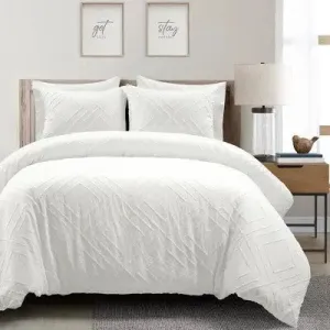 3pc King Diamond Clip Jacquard Duvet Cover Set White - Lush Décor