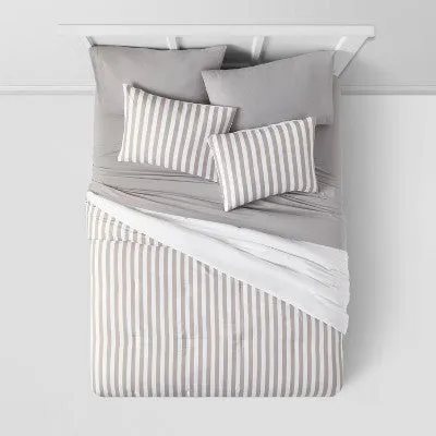 5pc Twin Extra Long Stripe Reversible Microfiber Comforter & Sheet Set Gray - Room Essentials