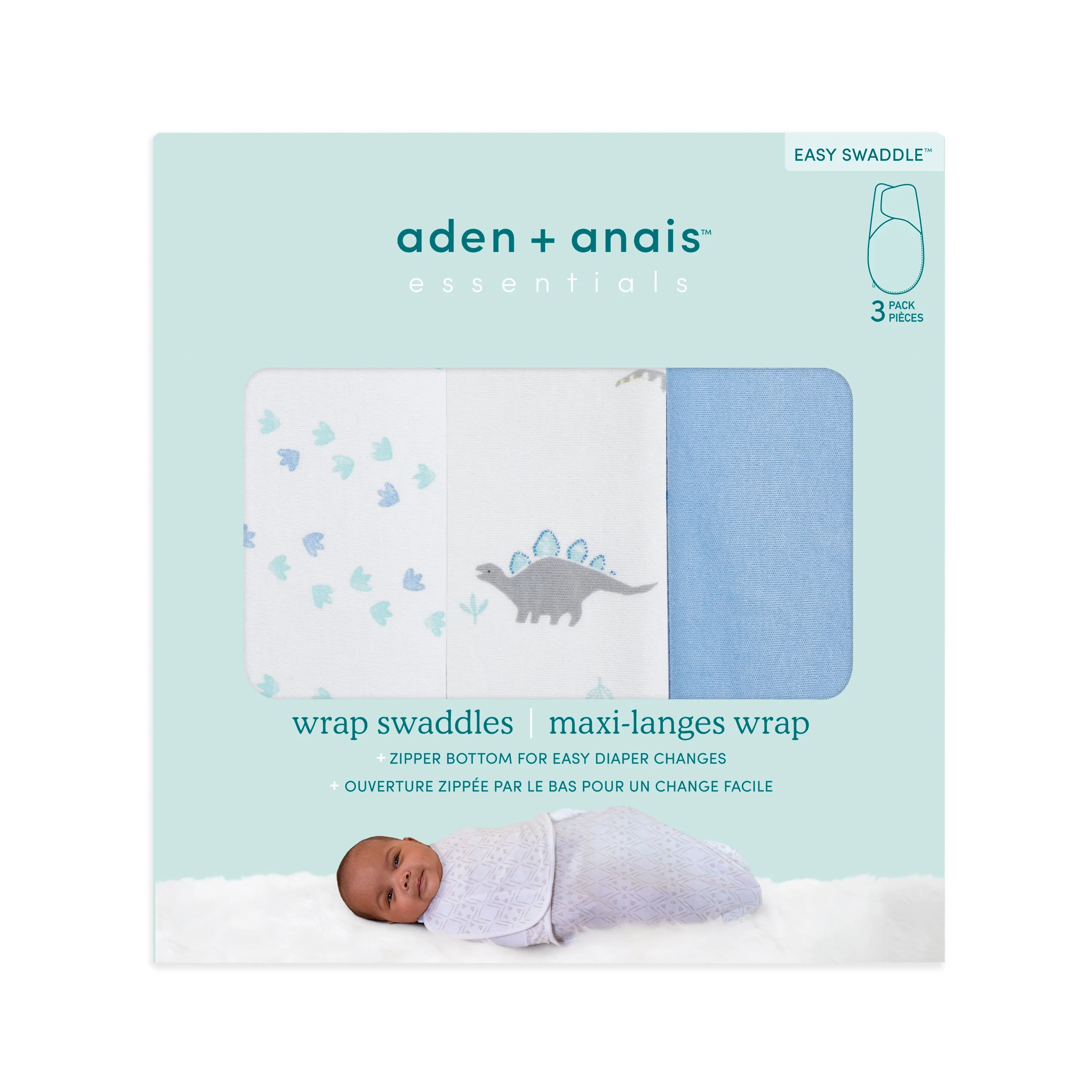 aden   anais Cotton Wrap Swaddles 3 pack Dino- Blue (0-3 Months)