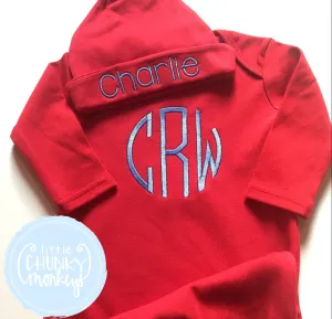 Baby Boy Gown - Bring Home Outfit - Personalized Newborn Name Gown   Cap in Red