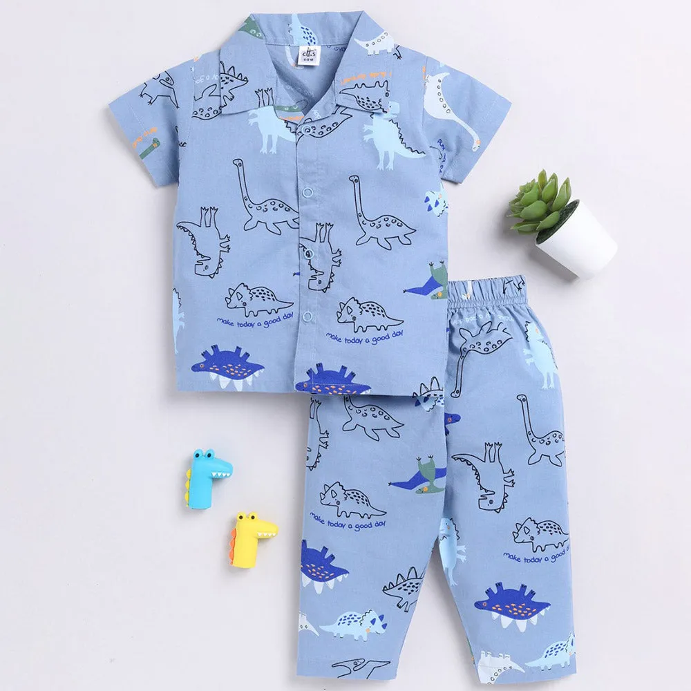 Blue Dino Theme Half Sleeves Night Suit