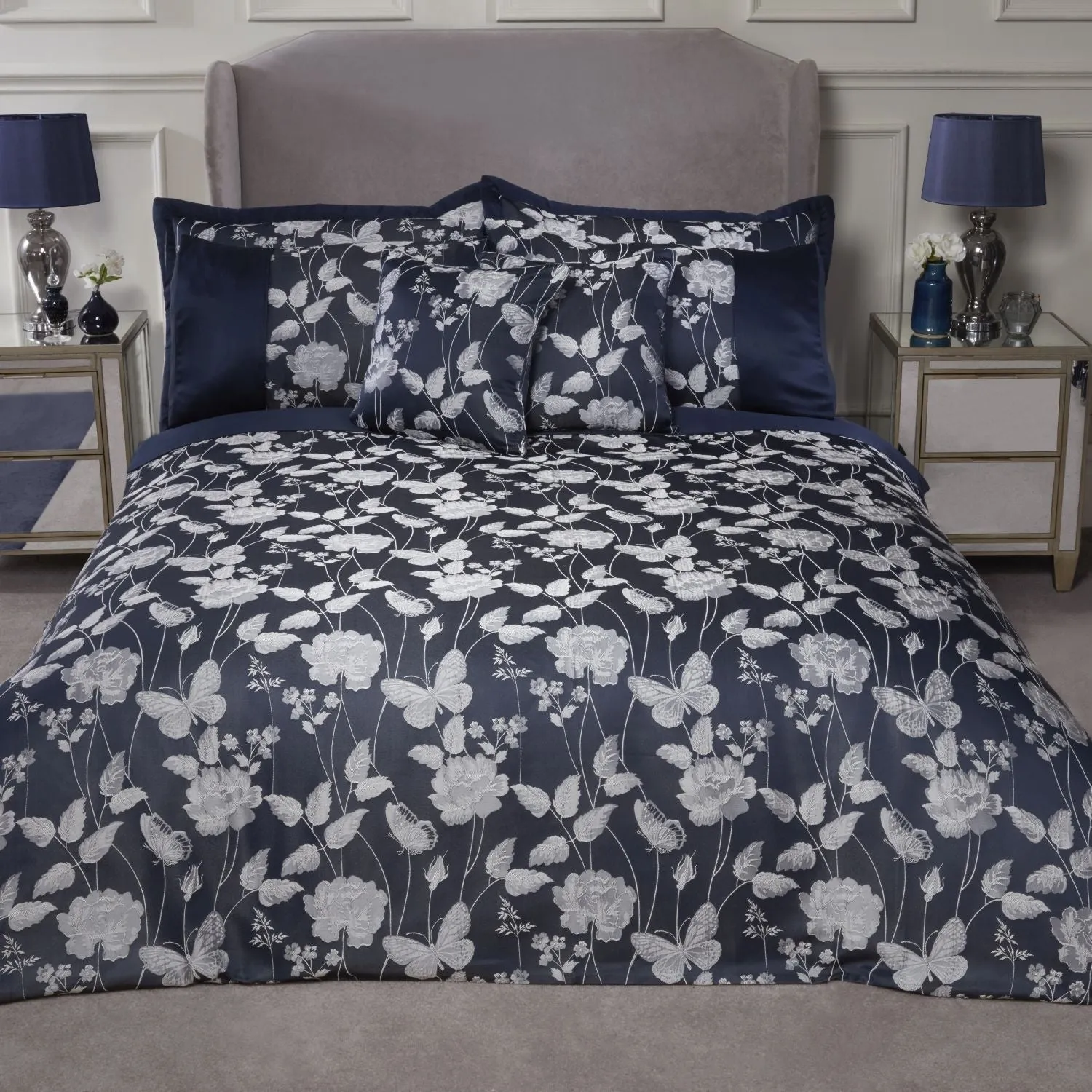 Butterfly Meadow Navy Embellished Jacquard Duvet Set