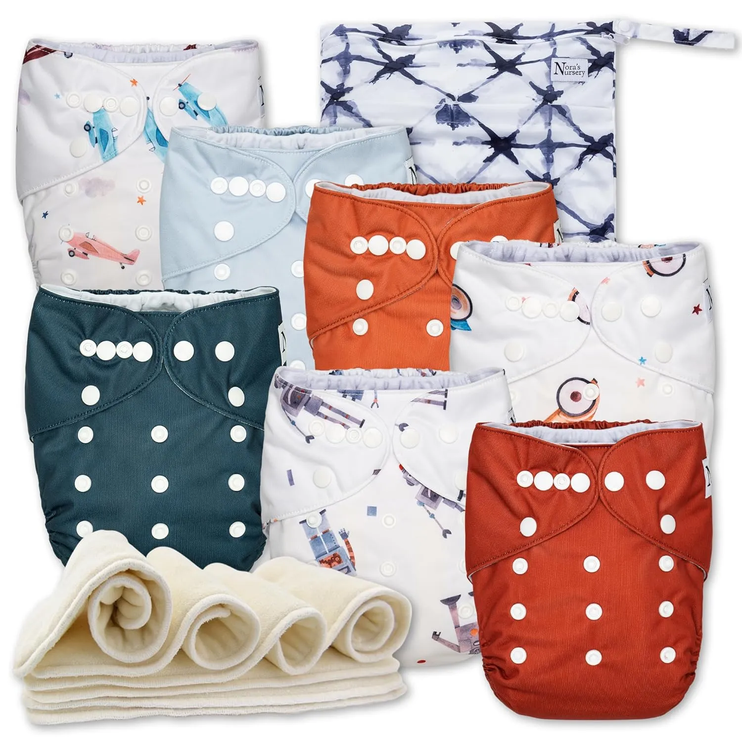 Cloth Diapers 7 Pack with 7 Inserts & 1 Wet Bag, Waterproof Cover, Washable, Reusable & One Size Adjustable Pocket Diapers for Newborns and Toddlers