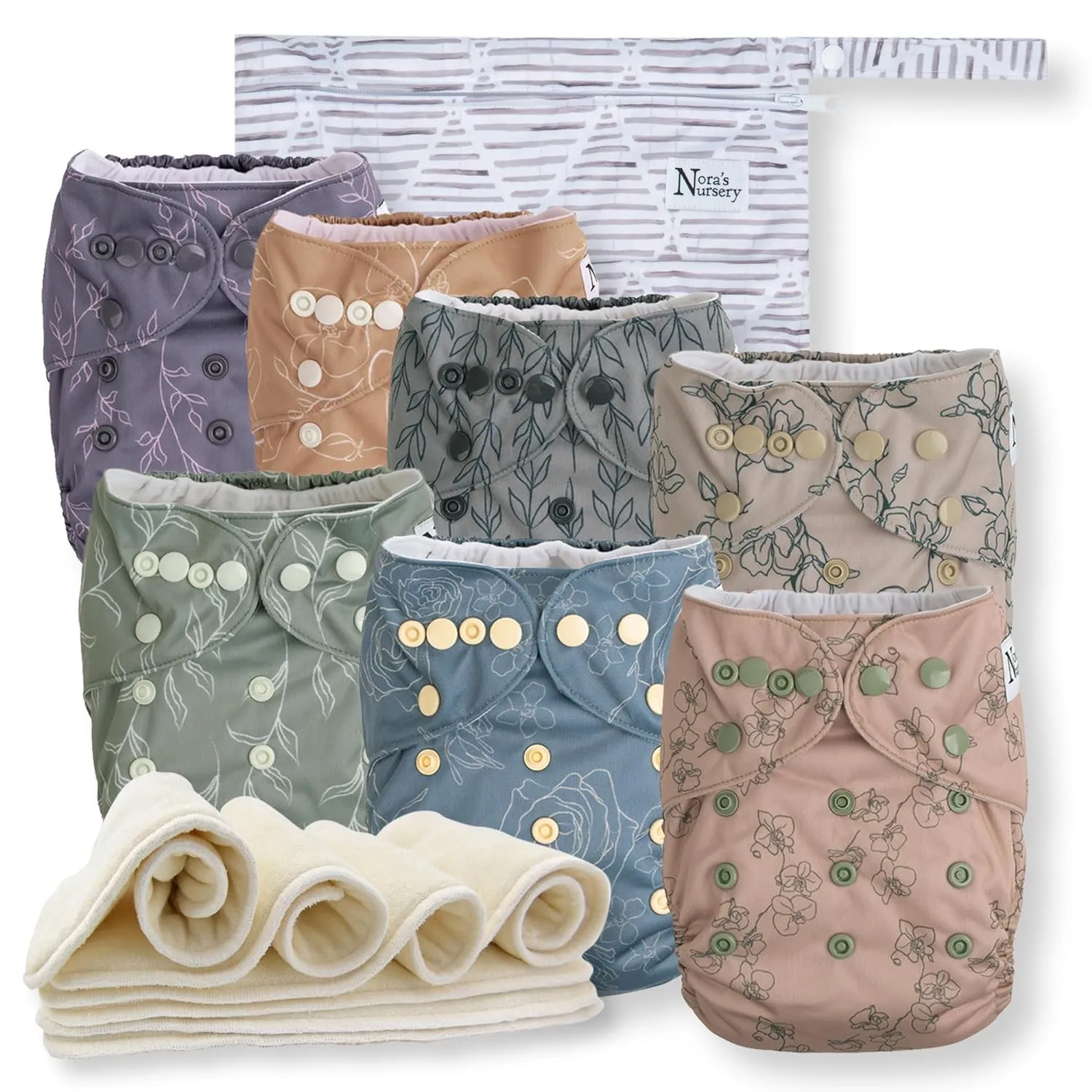 Cloth Diapers 7 Pack with 7 Inserts & 1 Wet Bag, Waterproof Cover, Washable, Reusable & One Size Adjustable Pocket Diapers for Newborns and Toddlers