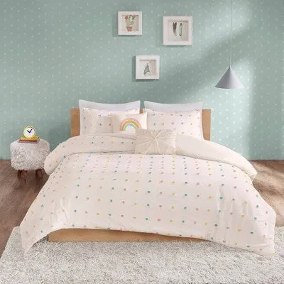 Full/Queen Kelsey Cotton Pom Pom Comforter Set Beige/White