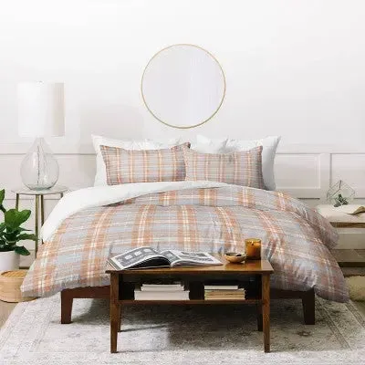 Full/Queen Little Arrow Design Co Fall Plaid Warm Neutrals Duvet Cover Set Orange/Blue - Deny Designs