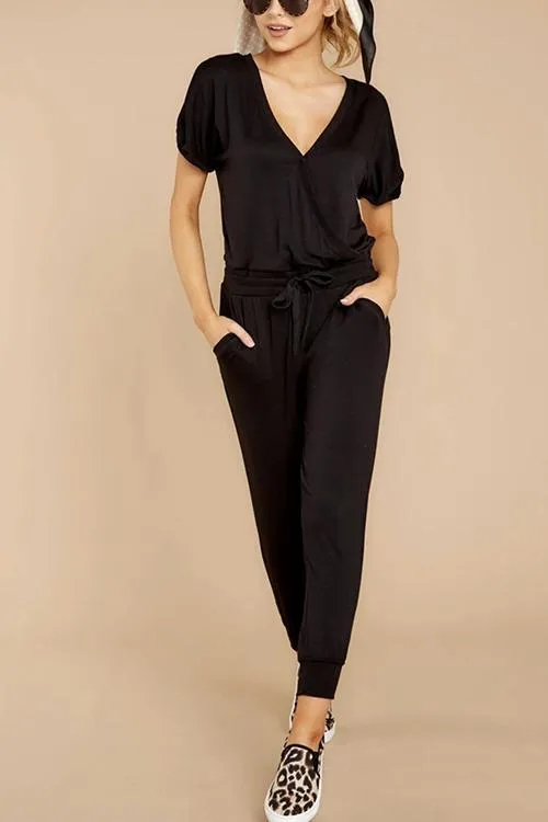 iForgirls V Neck Short Sleeve Tie Waist Solid Jumpsuit