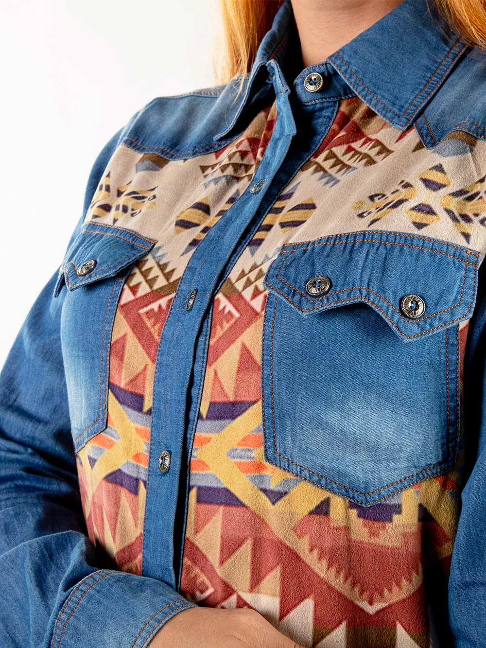 Montana West Aztec Pocket Long Sleeve Chambray Shirt