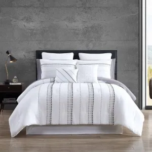 New - 12pc Queen Delphi Embroidered Stripe Comforter & Sheets Bedding Set - White/Gray