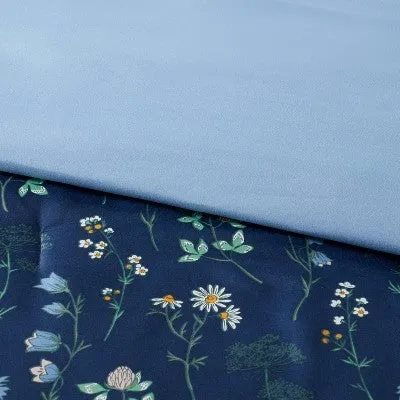 New - 7pc King Floral Printed Microfiber Reversible Comforter & Sheets Set Navy - Room Essentials