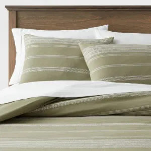 New - King Cotton Woven Stripe Duvet Cover & Sham Set Moss Green/White - Threshold