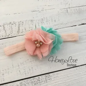 Peach and Mint/Aqua shabby chiffon flower rhinestone/pearl headband