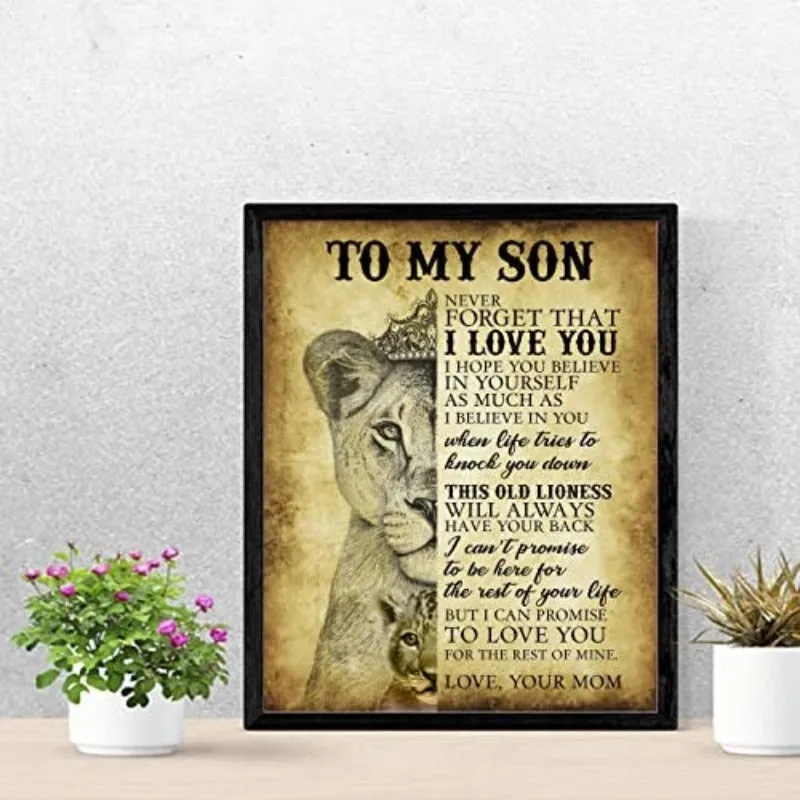 "To My Son-Never Forget That I Love You" Motivational Family Wall Typographic Wall Decor Lioness & Cub Image-Ready to Frame. Inspirational Keepsake for Any Son. Great Graduation Gift