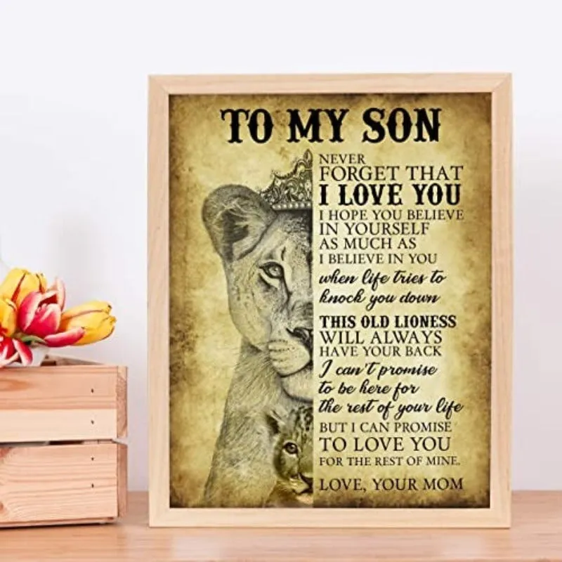 "To My Son-Never Forget That I Love You" Motivational Family Wall Typographic Wall Decor Lioness & Cub Image-Ready to Frame. Inspirational Keepsake for Any Son. Great Graduation Gift