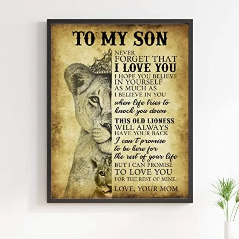 "To My Son-Never Forget That I Love You" Motivational Family Wall Typographic Wall Decor Lioness & Cub Image-Ready to Frame. Inspirational Keepsake for Any Son. Great Graduation Gift