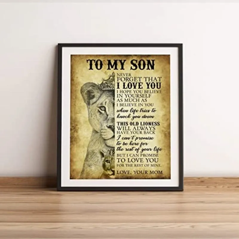 "To My Son-Never Forget That I Love You" Motivational Family Wall Typographic Wall Decor Lioness & Cub Image-Ready to Frame. Inspirational Keepsake for Any Son. Great Graduation Gift