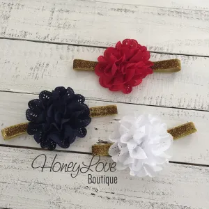 Red White or Navy Blue Lace Eyelet Flower - Silver/Gold headband