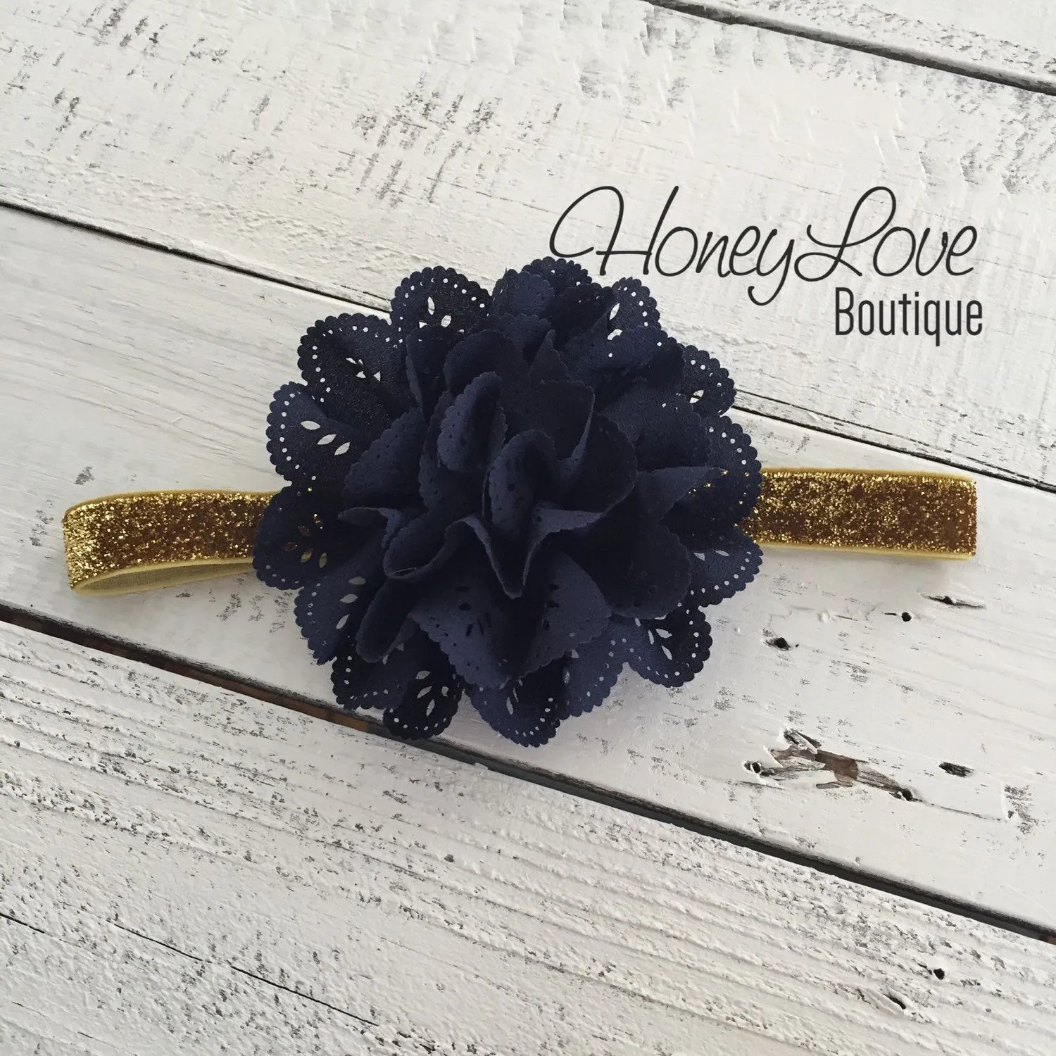 Red White or Navy Blue Lace Eyelet Flower - Silver/Gold headband