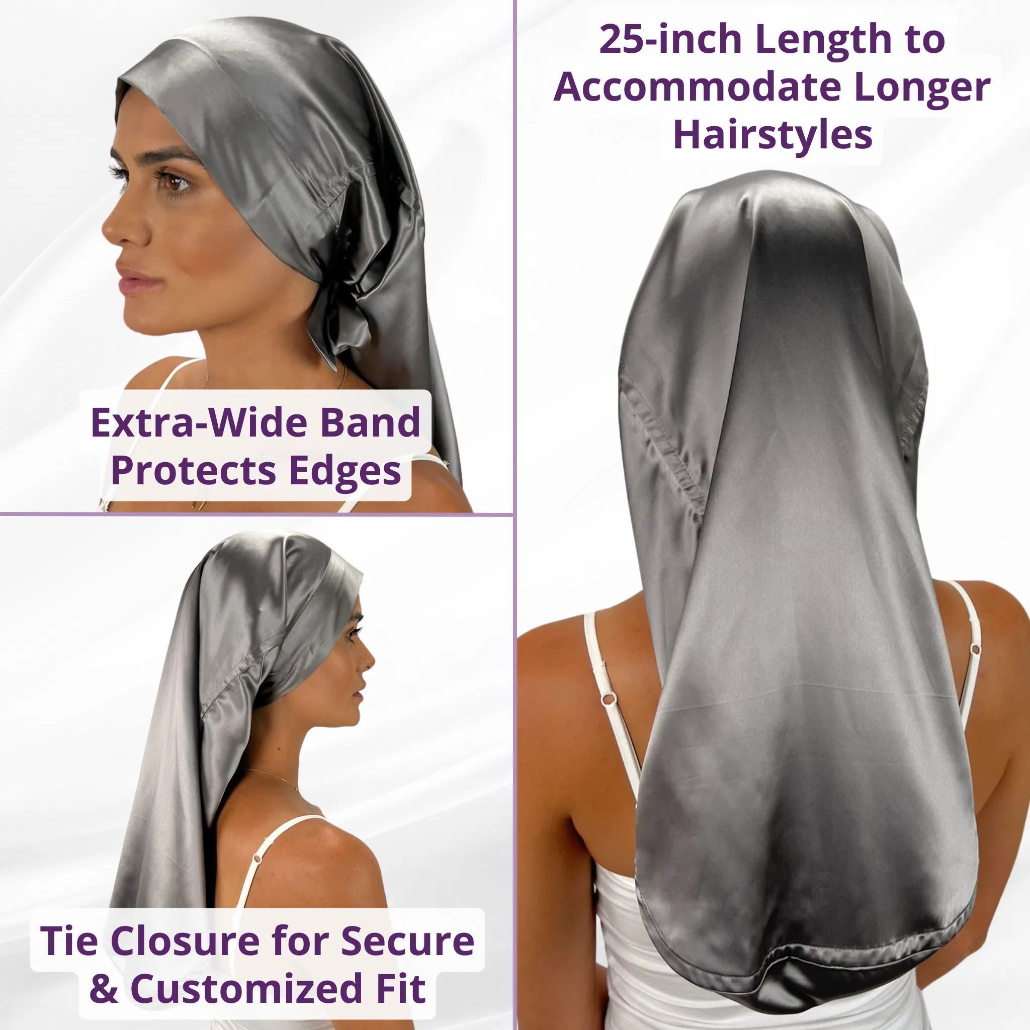 Silk Long Hair Reversible Bonnet - Gunmetal