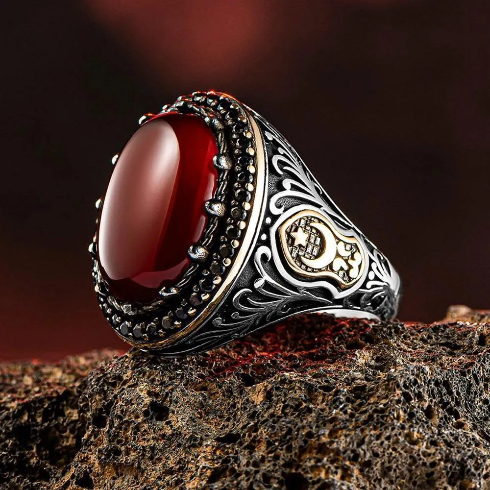 The Crescent and Star Agate Stone Silver Ring