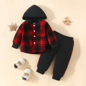 Toddler Boy Plaid Hooded Shirt & Contrast Trousers Set - Stylish 2-Piece Outfit