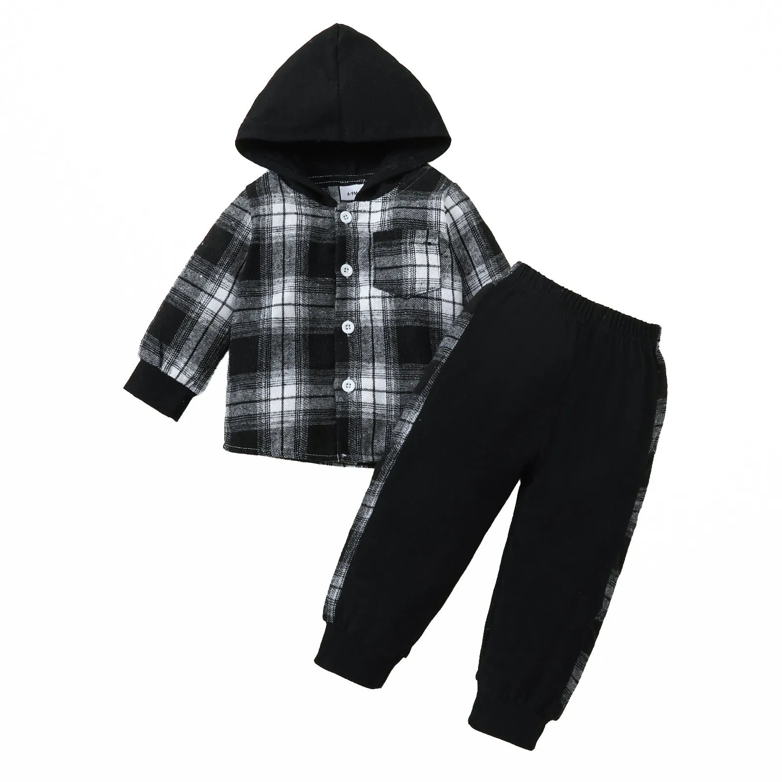 Toddler Boy Plaid Hooded Shirt & Contrast Trousers Set - Stylish 2-Piece Outfit